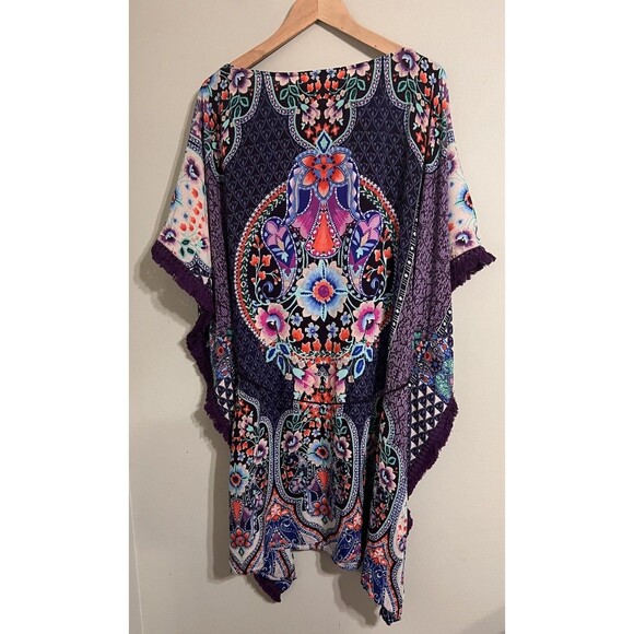 Johnny Was Saba Tunic Dress Coverup Purple Floral Fringe Kaftan Boho Chic size L - Picture 7 of 10